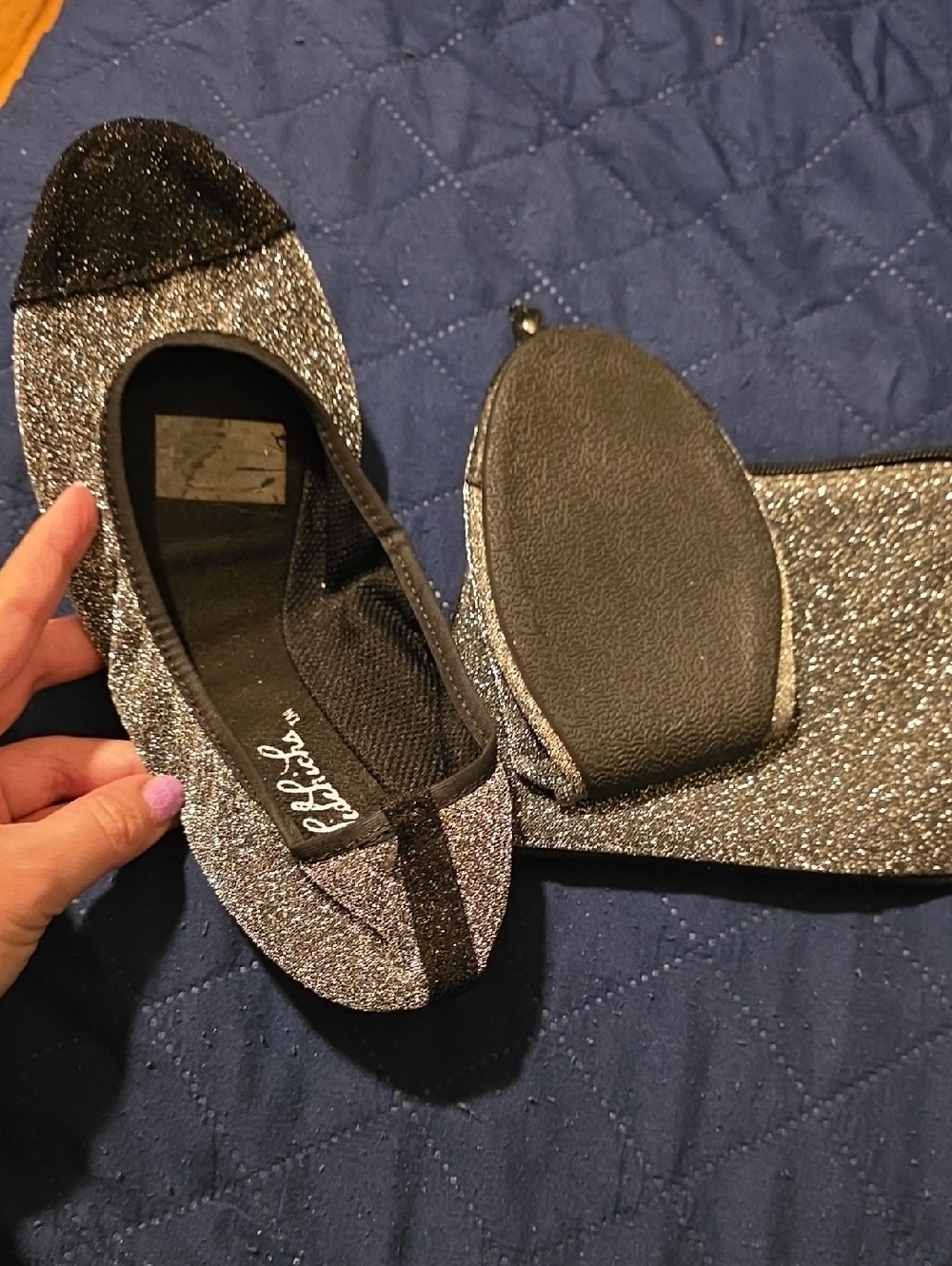 New Foldable Glitter Ballet Flats in Silver and Black Size L (8.5-9.5)